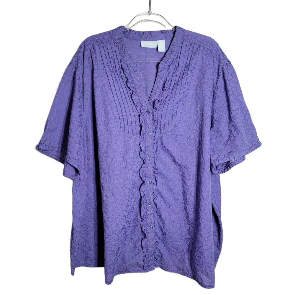 Liz & Me Purple Cotton Floral Button Up Shirt Women‎ 4X V-Neck Ruffles FLAW